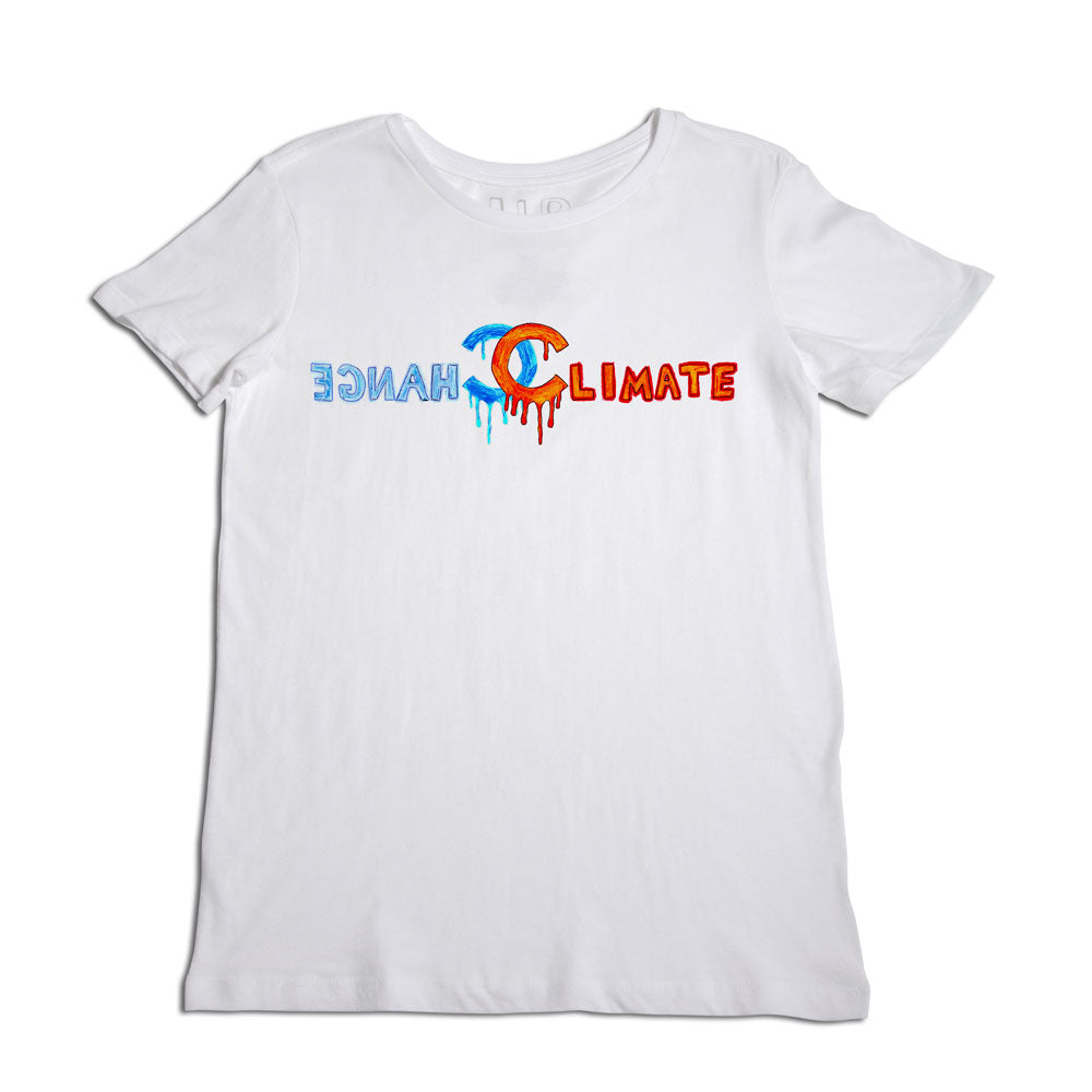 White t-shirt with the words "change climate" printed in colorful, dripping letters along with an umbrella graphic, displayed on a plain white background.