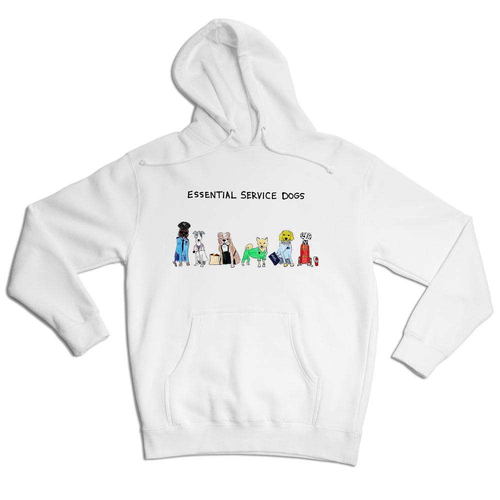 White hoodie with "essential service dogs" text and graphic of various cartoon dogs dressed in different professional outfits including healthcare, fire service, and business attire.