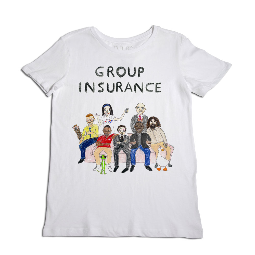 White t-shirt with "group insurance" text and an illustration of seven diverse people sitting together on a couch, styled in different outfits.