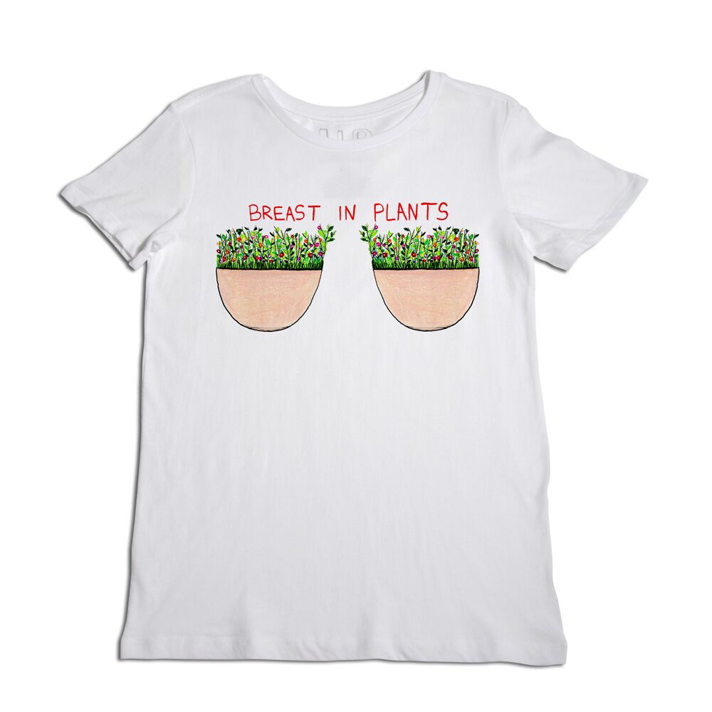 White t-shirt with a playful design featuring two plant pots on the chest area, filled with green plants, and the pun "breast in plants" written above.