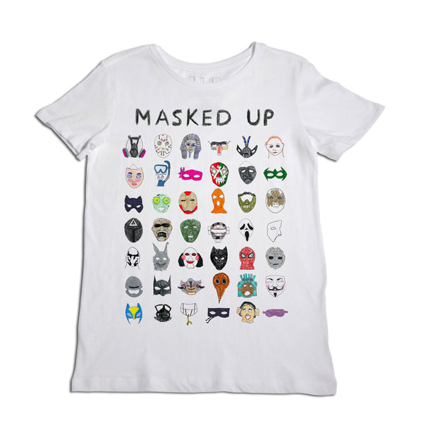 White t-shirt laid flat with a colorful print of various masks and the text "masked up" displayed across the top.