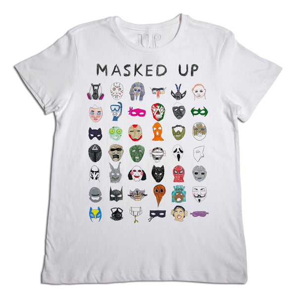 White t-shirt with the phrase "masked up" at the top, featuring a grid of various illustrated masks, including superhero, festive, and horror-themed designs.