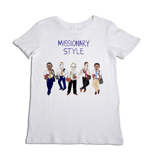 White t-shirt with the phrase "missionary style" at the top, featuring colorful cartoon illustrations of five diverse people styled as missionaries, with books and bags, walking in a line.