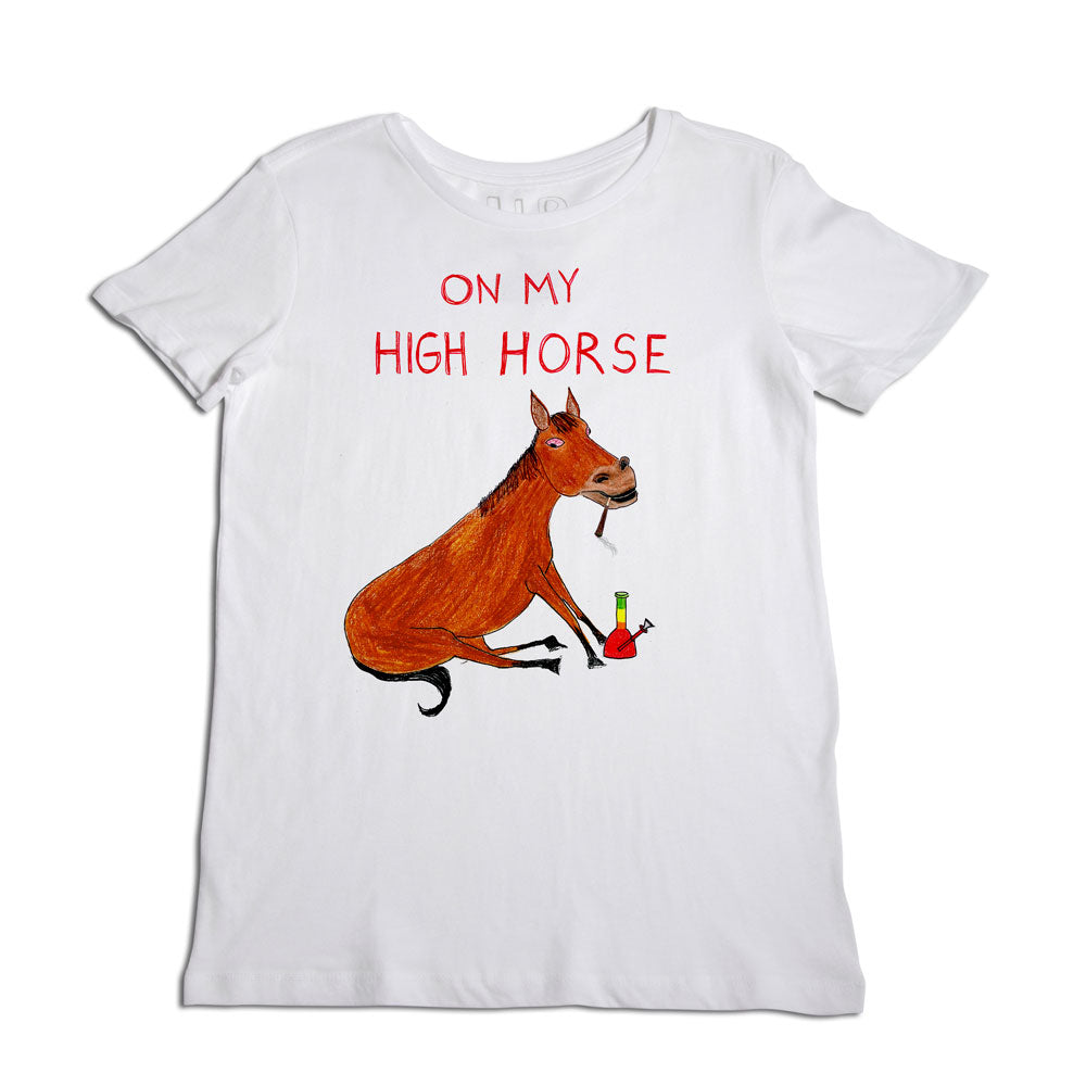 A white t-shirt with a graphic of a red horse standing upright, holding a green and red chemistry flask. above the image, text in red reads "on my high horse.