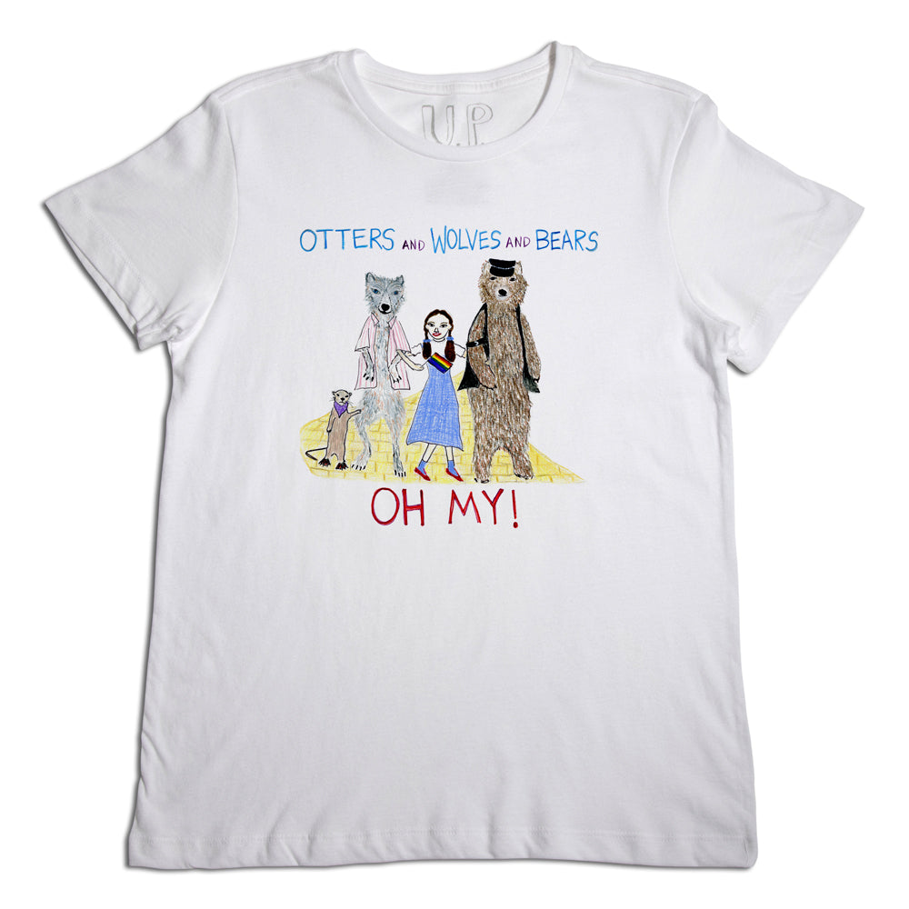 White t-shirt with the humorous phrase "otters and wolves and bears, oh my!" featuring cartoon-like illustrations of an otter, wolf, and bear dressed as characters from the wizard of oz.