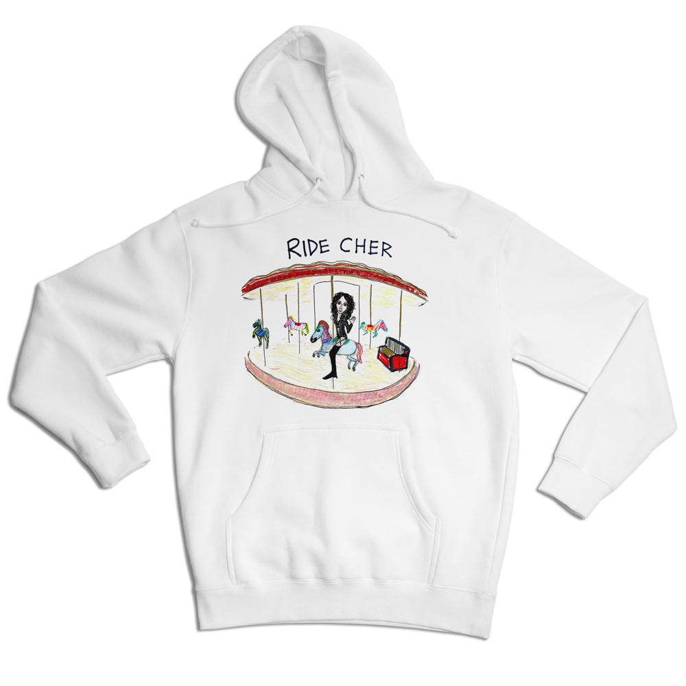 White hoodie with a colorful illustration of children playing on a merry-go-round with the text "ride cher" above the image.