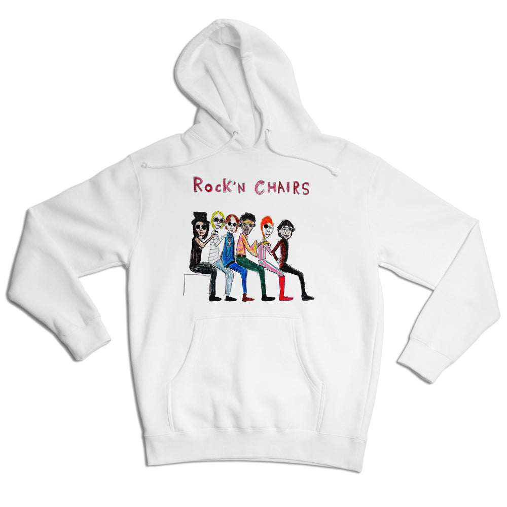 A white hoodie with a graphic of four animated elderly rock musicians sitting on chairs with the text "rock'n chairs" above them.