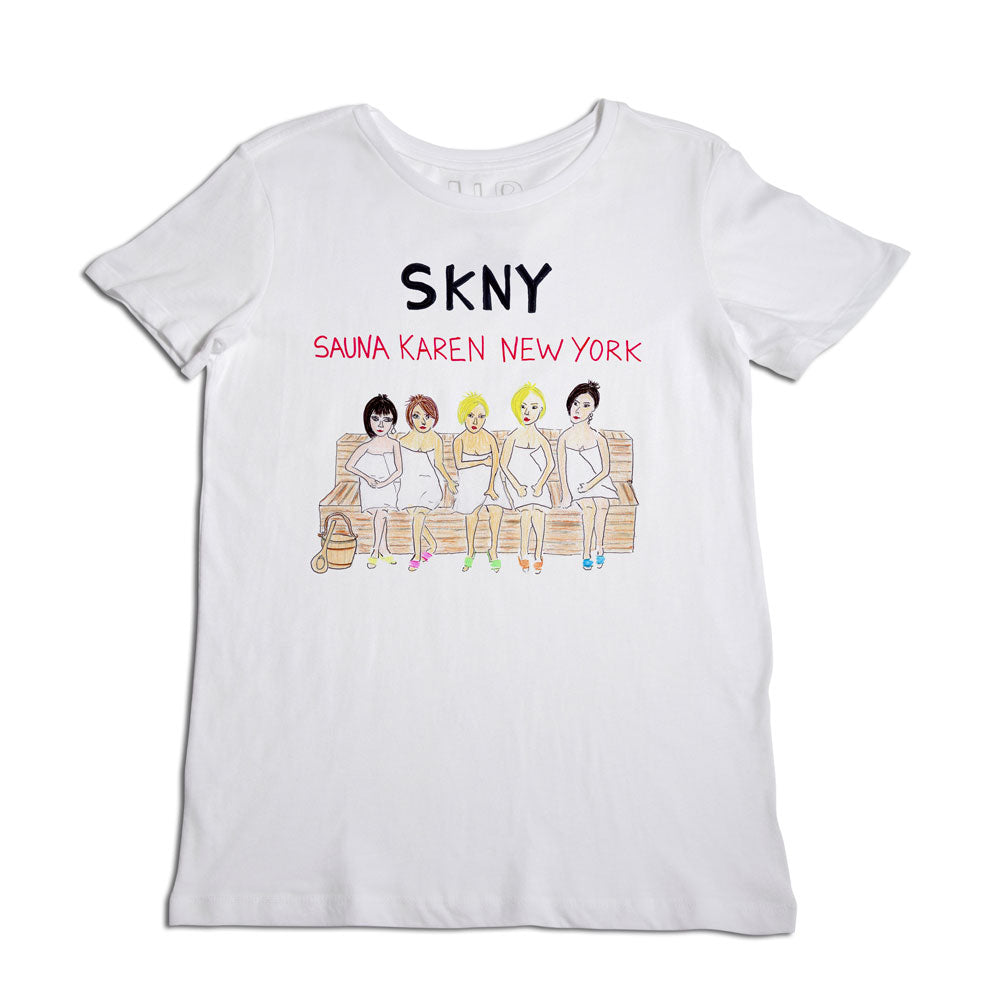 A white t-shirt with a graphic portraying five cartoon figures sitting on a sauna bench, labeled with the acronym "skny" standing for "sauna karen new york" above the illustration.