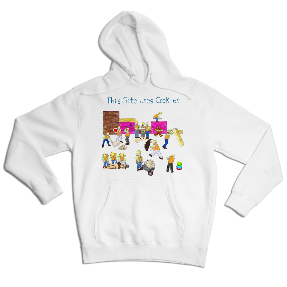 White hoodie featuring a colorful graphic of various cartoon people engaging in different activities, with a text banner that reads "this site uses cookies.