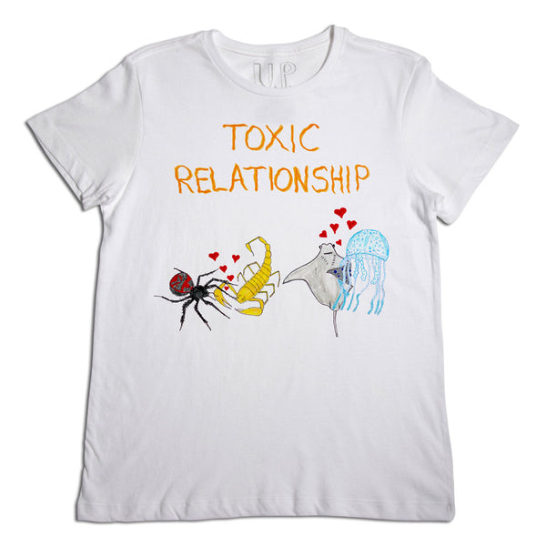 A white t-shirt with the phrase "toxic relationship" in orange letters, featuring colorful illustrations of a mosquito, a scorpion, and a jellyfish, each with hearts above them.