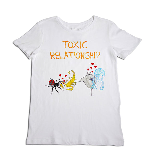 White t-shirt with a graphic of a cartoon mosquito, snake, and jellyfish above the phrase "toxic relationship" in yellow and red font. the illustrations include hearts and depict themes of danger and allure.