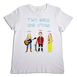 White t-shirt with a design featuring three cartoon-style characters: a bird playing a guitar labeled "crow," a hawk holding a stone labeled "hawk," and a person holding a bucket labeled "emma," with text "two birds one stone.