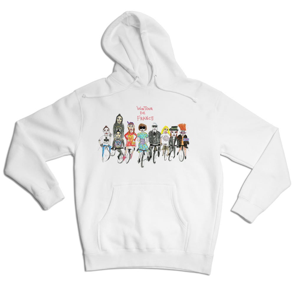 White hoodie with a colorful illustration of nine diverse characters on bicycles, styled in cartoon-like fashion, with the text "viva tour de france" above them.