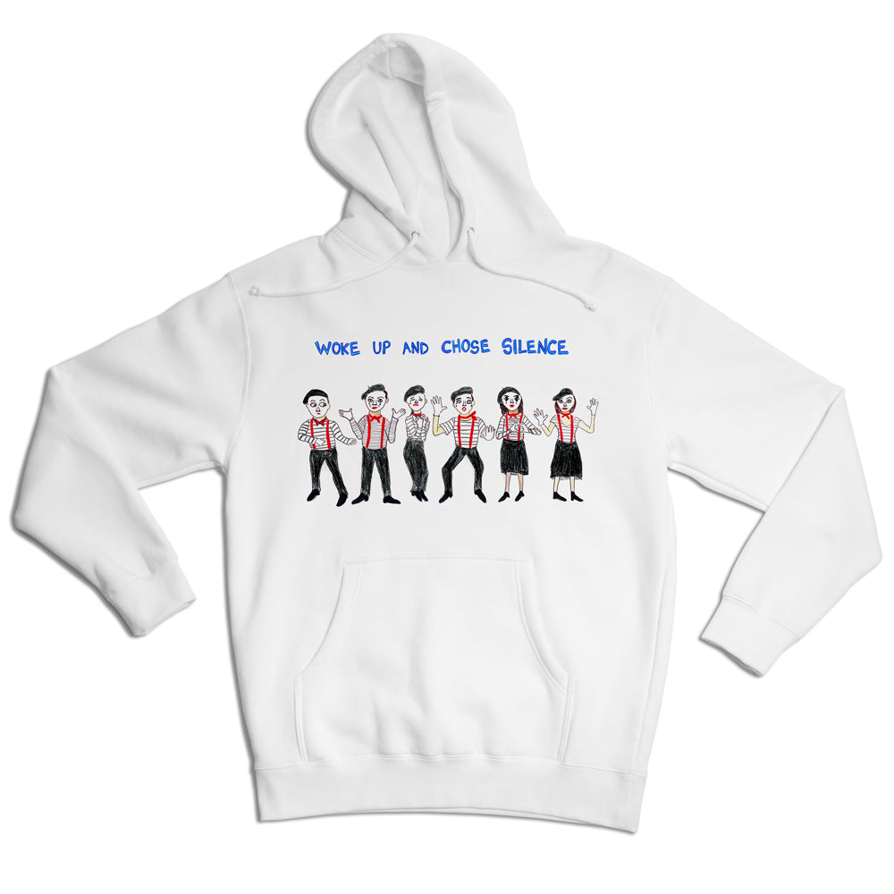 White hoodie with cartoon graphics of six people in various outfits standing in a line, titled "woke up and chose silence.